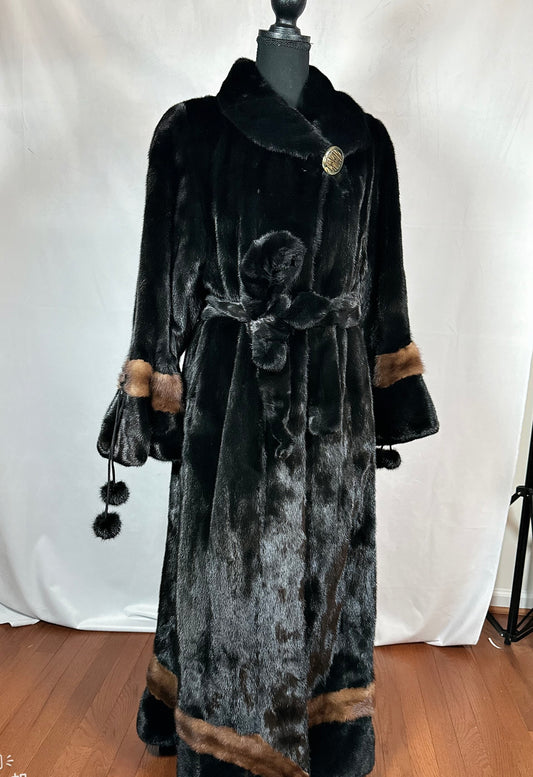 Blackglama Mink Fur Coat, Full Length Designer High Quality Black Brown Fur Coat