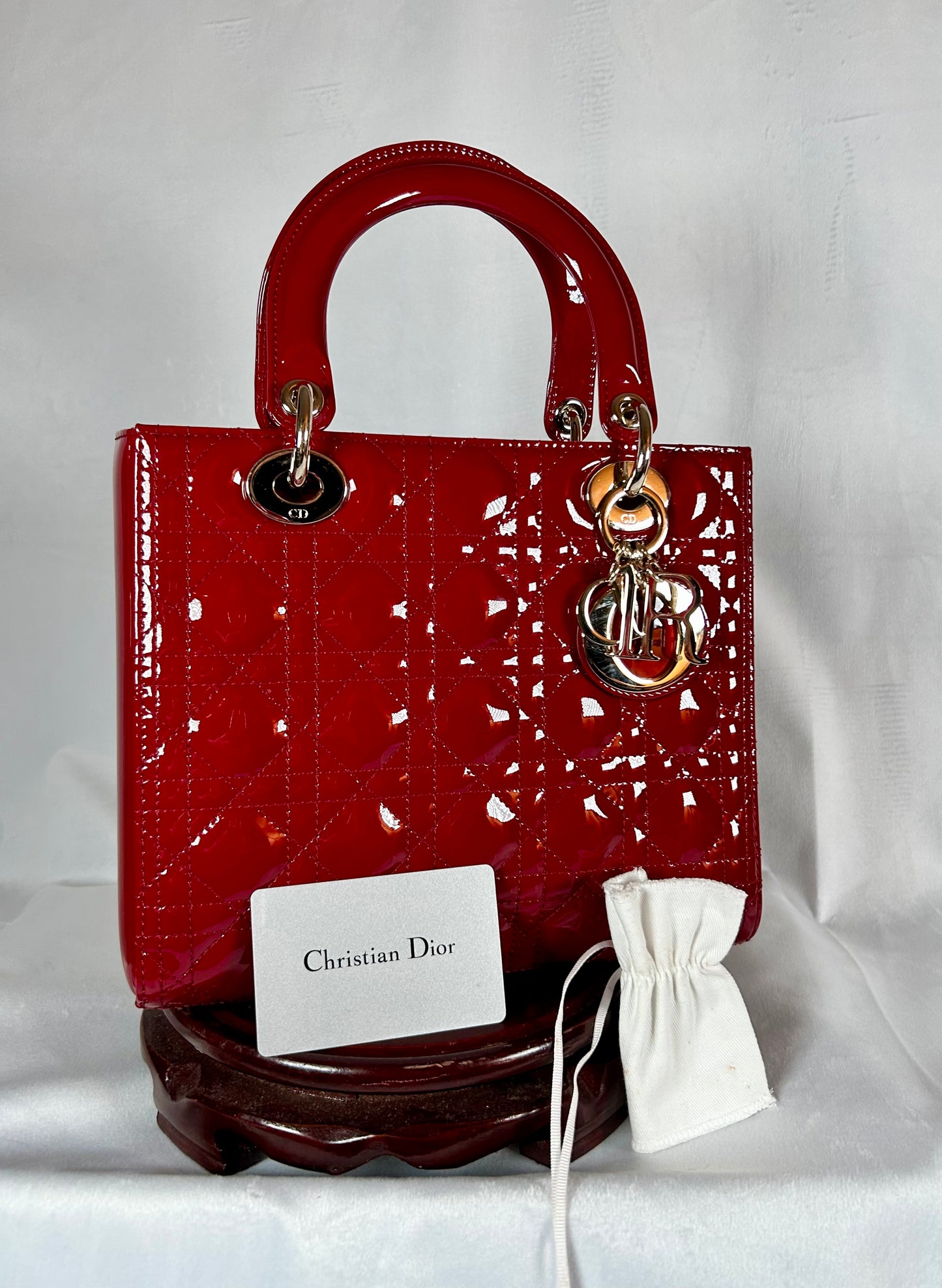 Christian Dior Patent Leather Burgundy Red Cannage Lady Dior Medium Tote Bag