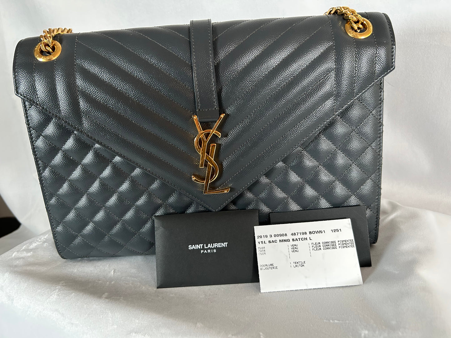 Saint Laurent YSL Large Grey Monogram Satchel Envelope Chain Shoulder Bag