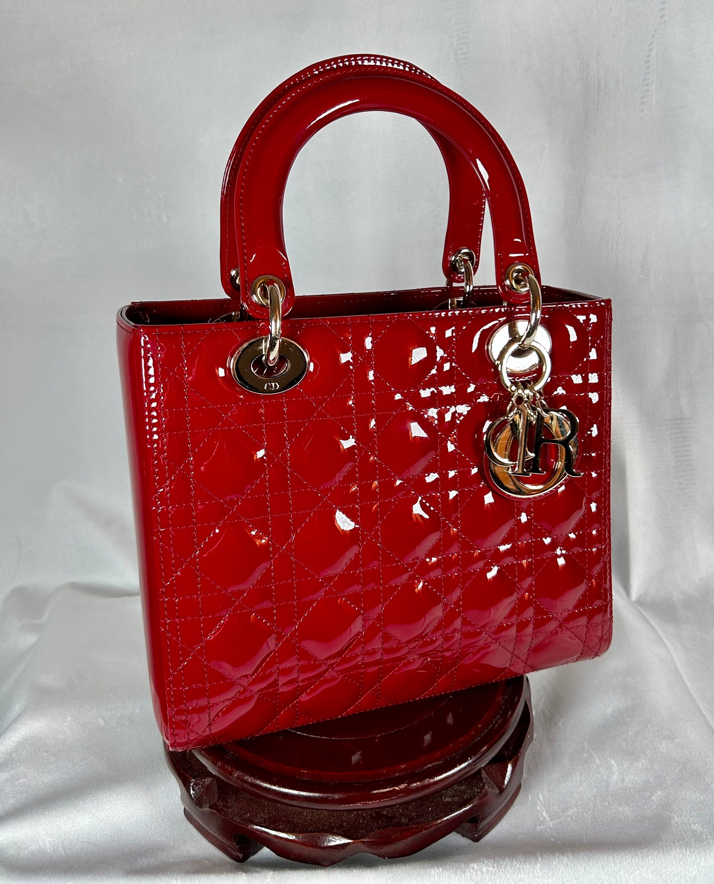 Christian Dior Patent Leather Burgundy Red Cannage Lady Dior Medium Tote Bag