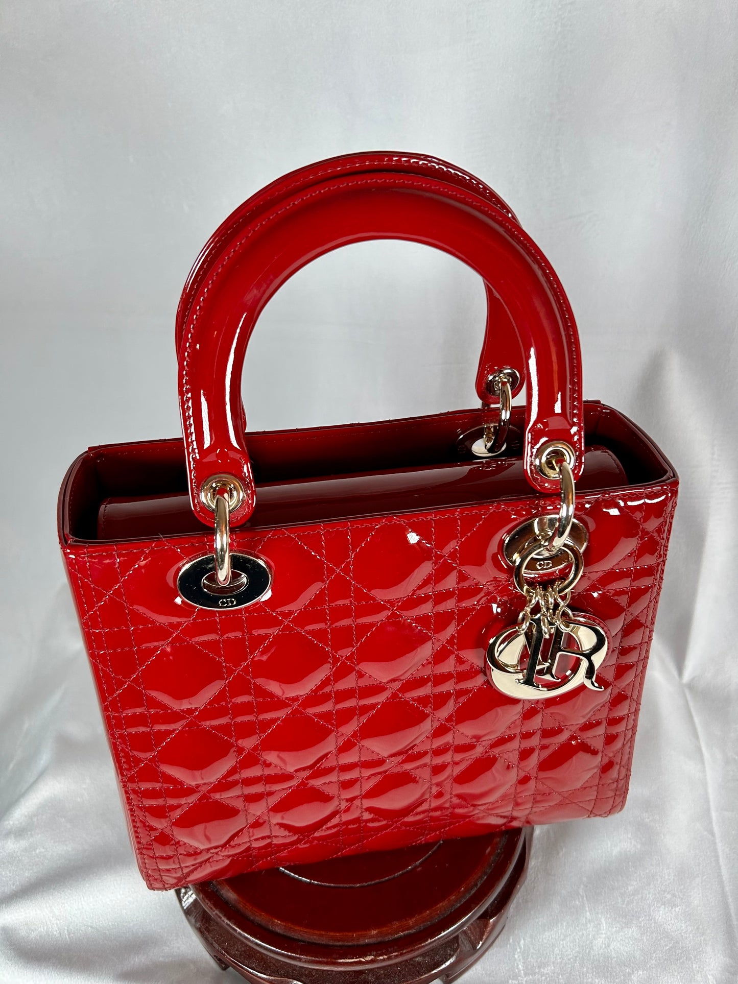 Christian Dior Patent Leather Burgundy Red Cannage Lady Dior Medium Tote Bag