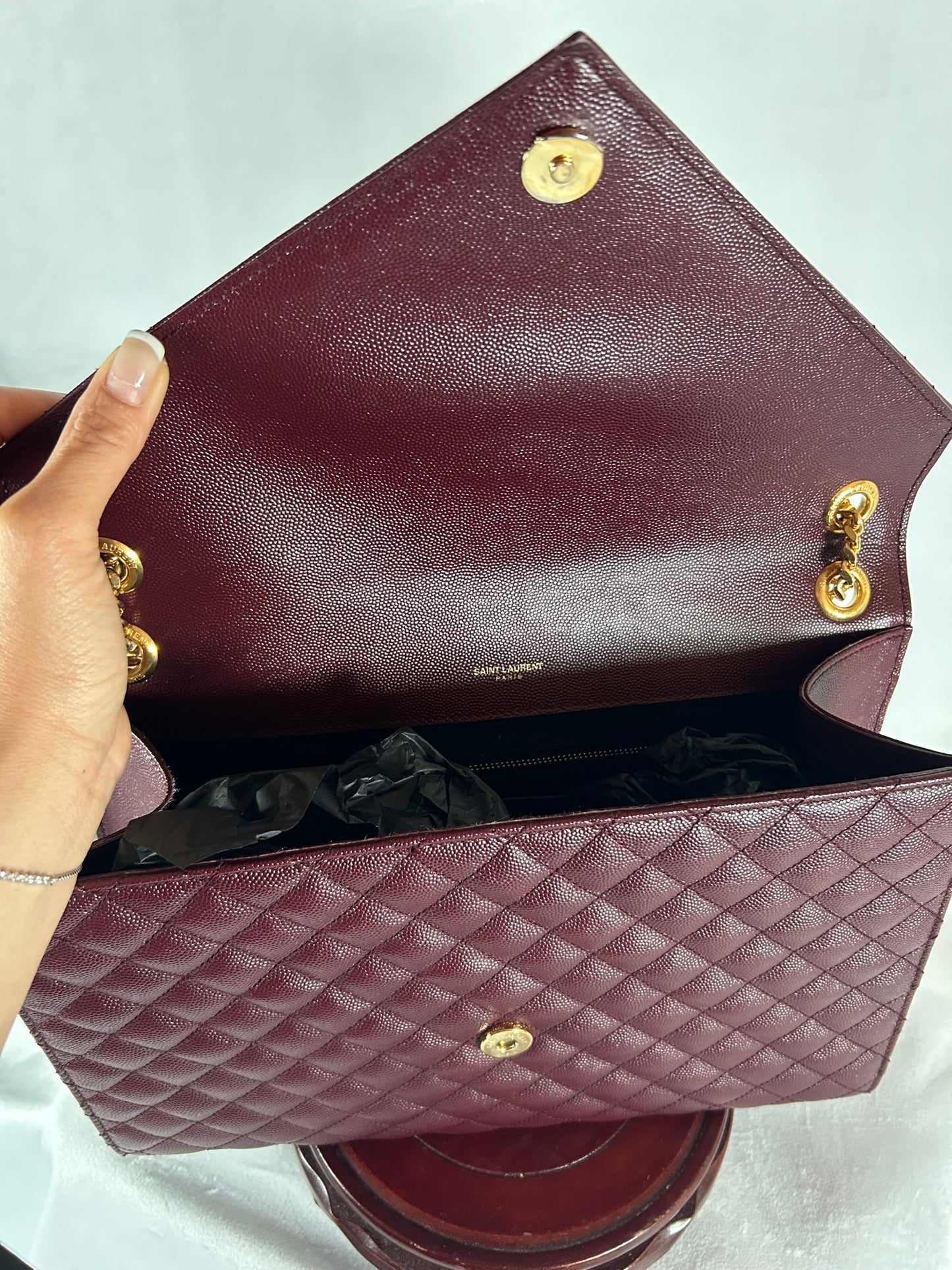 YSL Saint Laurent Envelope Large Calfskin Burgundy Bag