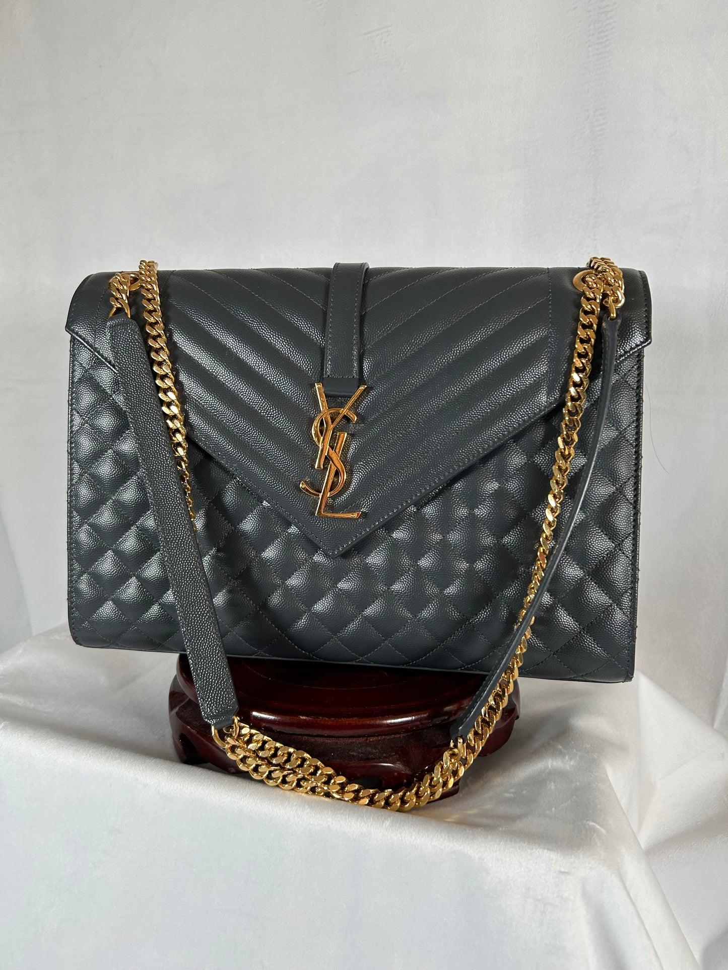 Saint Laurent YSL Large Grey Monogram Satchel Envelope Chain Shoulder Bag