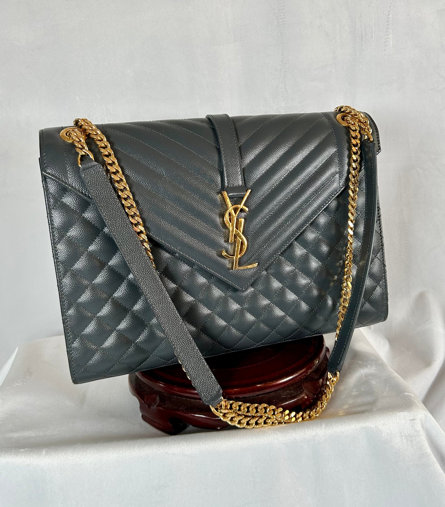 Saint Laurent YSL Large Grey Monogram Satchel Envelope Chain Shoulder Bag